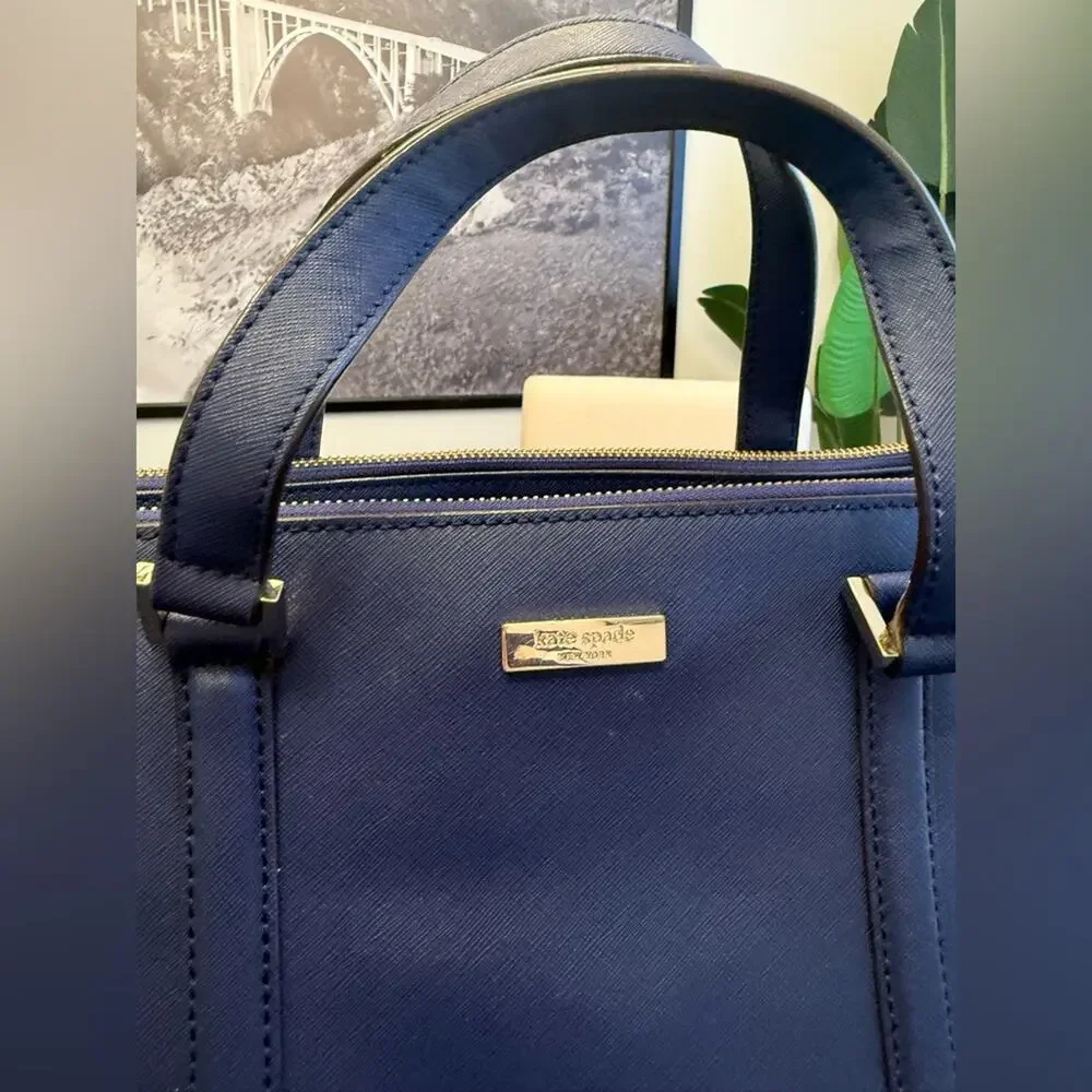 Kate Spade New York Newbury Lane Loden Bag Navy Blue Top Handle Tote Leather Bag